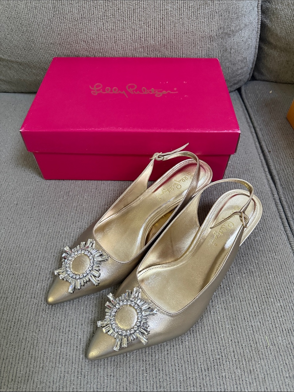 Lilly Pulitzer Gold Pointed Slingback Heels with Crystal Sunburst